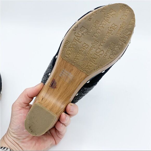 Style & Co Wooden‎ Heeled Black Suede Clog with Knitted Trim and Silver Tag - Picture 11 of 13